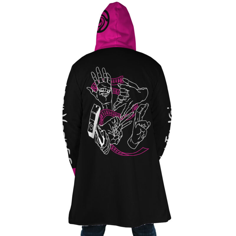 A person faces away from the camera wearing the Pink Gojo Jujutsu Kaisen Dream Cloak Coat—featuring a long black design with a magenta hood, plus white and magenta outlined hands, cassette tape, and stylized graphics on the back.
