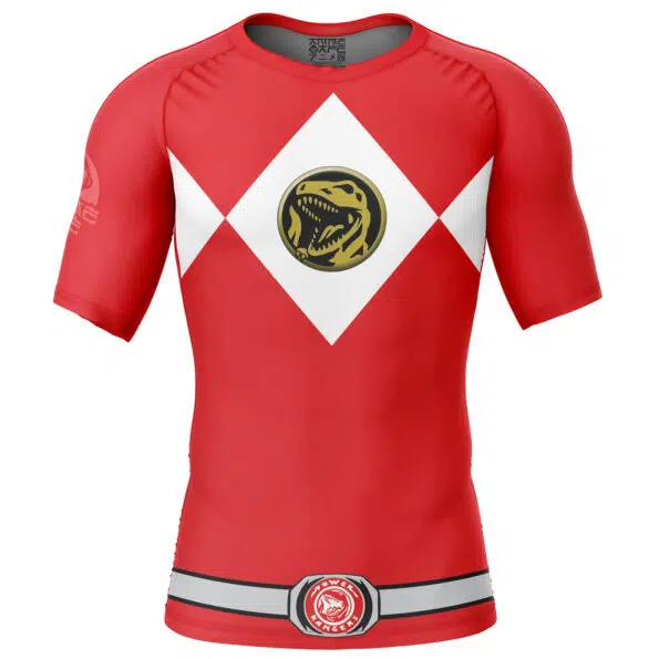 The Red Ranger Mighty Morphin Power Rangers Short Sleeve Rash Guard Compression Shirt features white diamond shapes on the chest, a gold dinosaur emblem, and a printed belt with a red logo, resembling the iconic Ranger uniform.