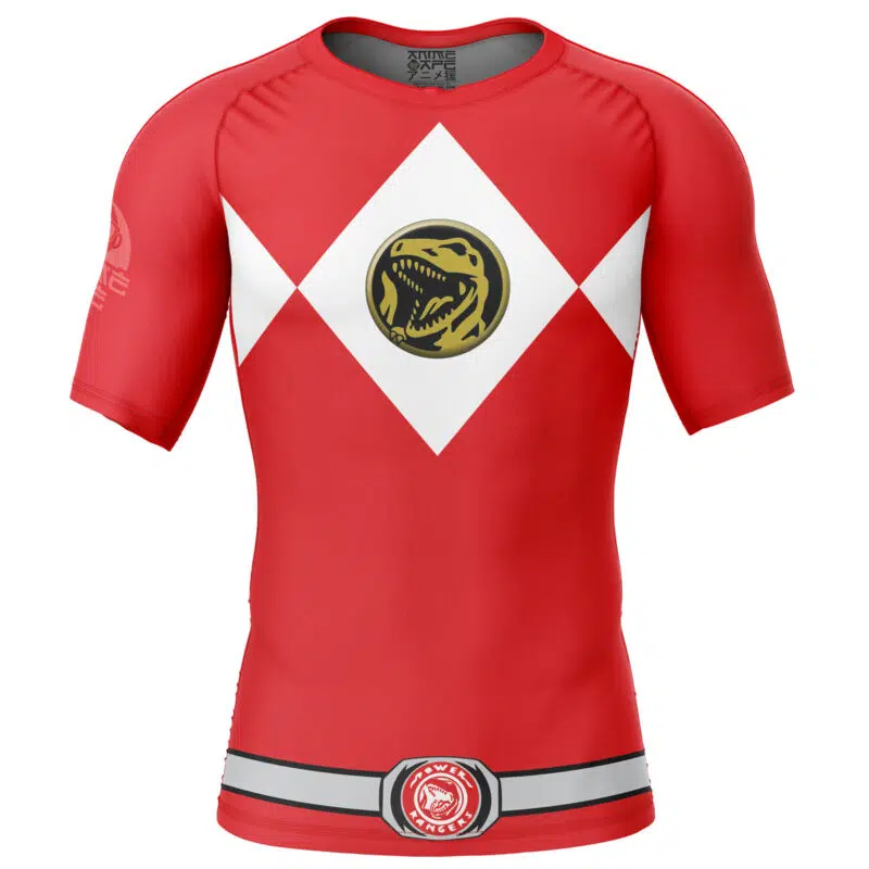 The Red Ranger Mighty Morphin Power Rangers Short Sleeve Rash Guard Compression Shirt features white diamond shapes on the chest, a gold dinosaur emblem, and a printed belt with a red logo, resembling the iconic Ranger uniform.