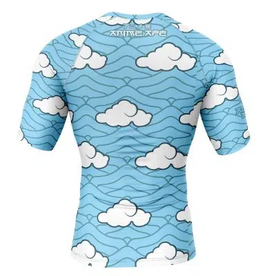 The Sakonji Urokodaki Demon Slayer Short Sleeve Rash Guard Compression Shirt features a fitted athletic design with a blue background, wavy lines, and repeating white clouds. This shirt has short sleeves and is shown from the back.