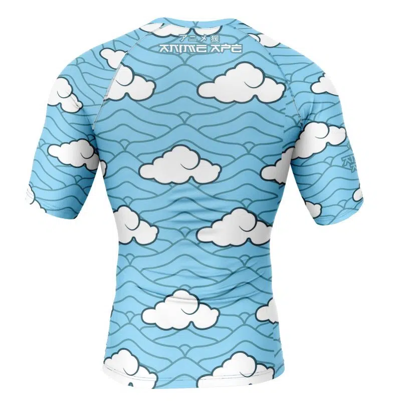 The Sakonji Urokodaki Demon Slayer Short Sleeve Rash Guard Compression Shirt features a fitted athletic design with a blue background, wavy lines, and repeating white clouds. This shirt has short sleeves and is shown from the back.