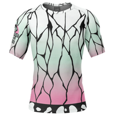 The Shinobu Kocho Demon Slayer Short Sleeve Rash Guard Compression Shirt features a white, green, and pink gradient with a black web-like abstract design and small white patches near the sleeves and waist.