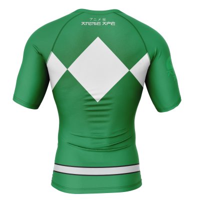 The Green Ranger Mighty Morphin Power Rangers Short Sleeve Rash Guard Compression Shirt is a green athletic top with a large white diamond on the back, thin white and black stripes near the waist, and stylized white text on the upper back.