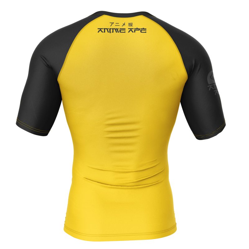 A yellow and black Trafalgar D. Water Law One Piece short-sleeve rash guard compression shirt, viewed from the back with "ANIME SUKI" in Japanese and English printed across the upper back.