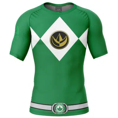 The Green Ranger Mighty Morphin Power Rangers Short Sleeve Rash Guard Compression Shirt features a green color, white diamond patterns, a central gold and black dragon emblem, and a waist belt design inspired by the Green Ranger.