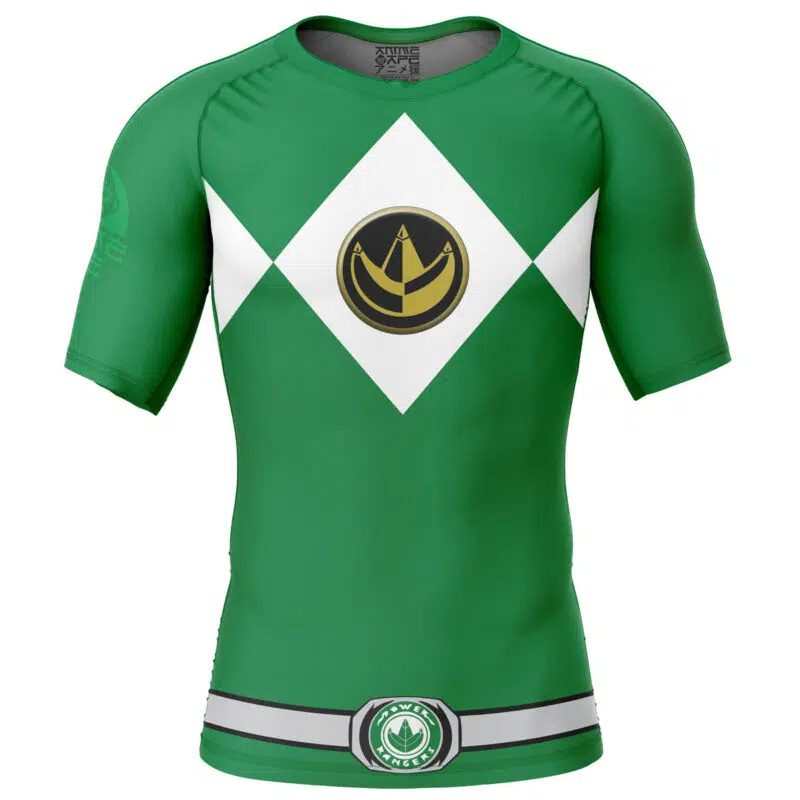 The Green Ranger Mighty Morphin Power Rangers Short Sleeve Rash Guard Compression Shirt features a green color, white diamond patterns, a central gold and black dragon emblem, and a waist belt design inspired by the Green Ranger.