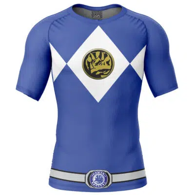 The Blue Ranger Mighty Morphin Power Rangers Short Sleeve Rash Guard Compression Shirt features a white diamond chest pattern, central mastodon emblem, and printed belt, resembling the Blue Power Ranger costume.
