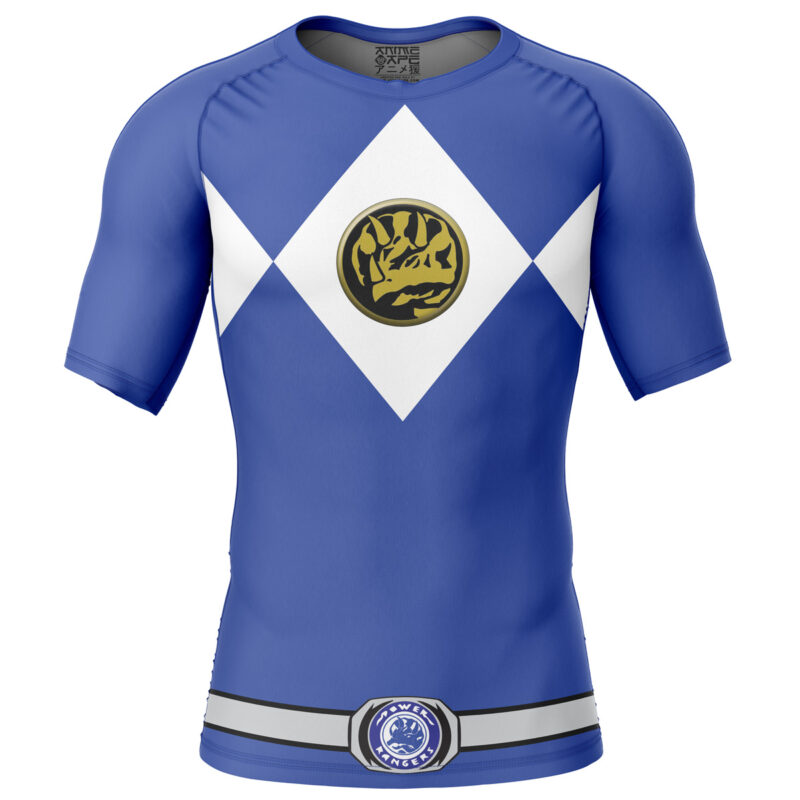 The Blue Ranger Mighty Morphin Power Rangers Short Sleeve Rash Guard Compression Shirt features a white diamond chest pattern, central mastodon emblem, and printed belt, resembling the Blue Power Ranger costume.