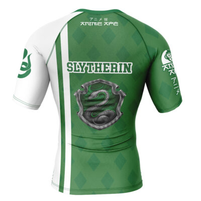 A green and white Slytherin Harry Potter Short Sleeve Rash Guard Compression Shirt featuring SLYTHERIN and a serpent crest on the back, Japanese-style text on the upper back, and an anime-inspired emblem on the right sleeve.
