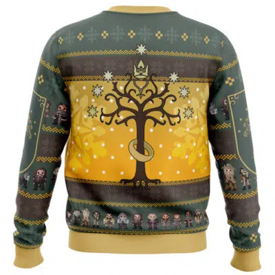 The Spend Christmas in Fellowship The Lord of the Rings Ugly Christmas Sweater features an 8-bit white tree, seven stars, a crown on yellow, and pixelated characters with shield patterns. Its festive colors are green, yellow, and gold.