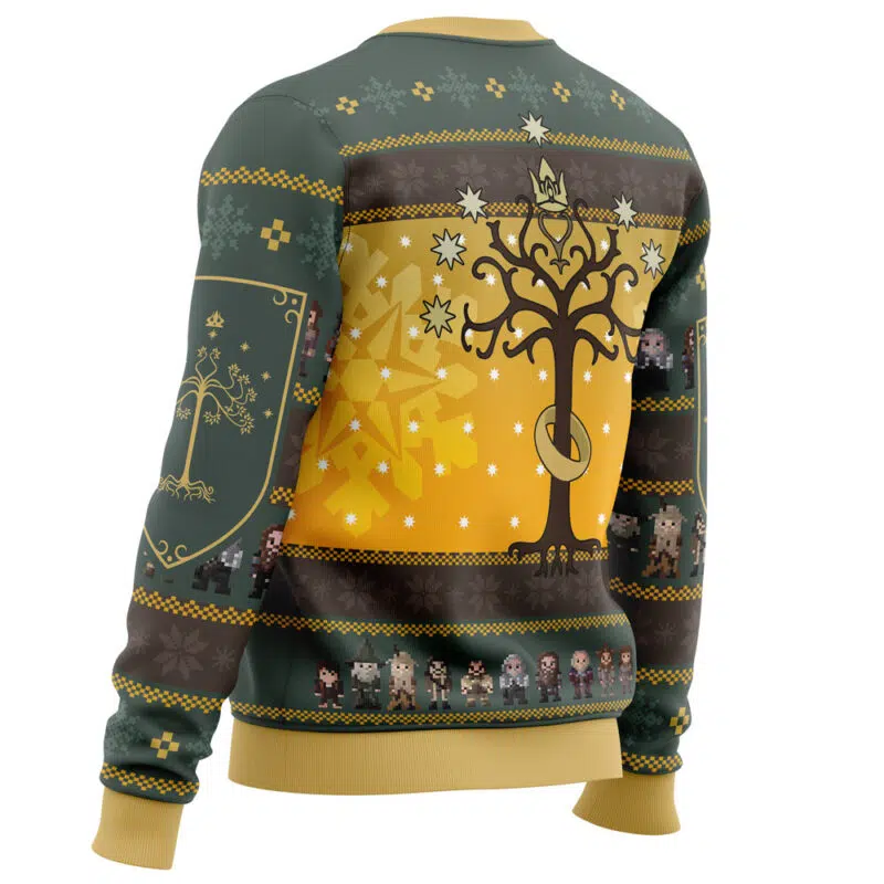 The Spend Christmas in Fellowship The Lord of the Rings Ugly Christmas Sweater features a white tree with a gold ring, pixel art characters at the bottom, and green, yellow, and brown geometric patterns for a festive touch.