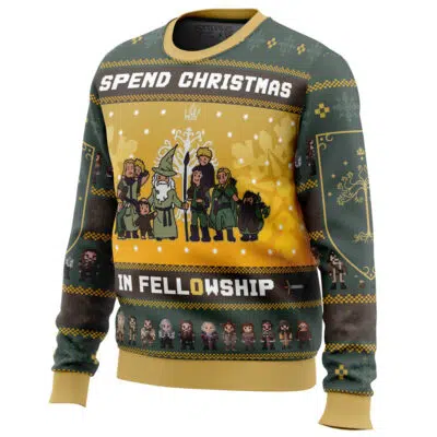 The Spend Christmas in Fellowship The Lord of the Rings Ugly Christmas Sweater features pixel art of LOTR characters, festive patterns, and holiday designs in green, yellow, and brown tones with the phrase Spend Christmas in Fellowship.