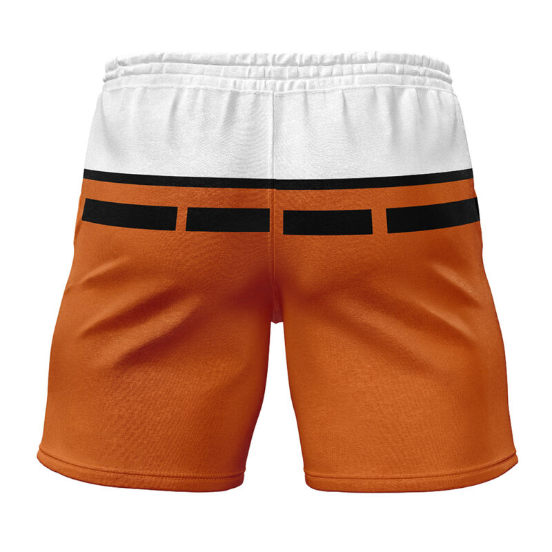 SpongeBob SquarePants Gym Shorts feature an orange design with a white waistband and three black horizontal stripes across the upper back.