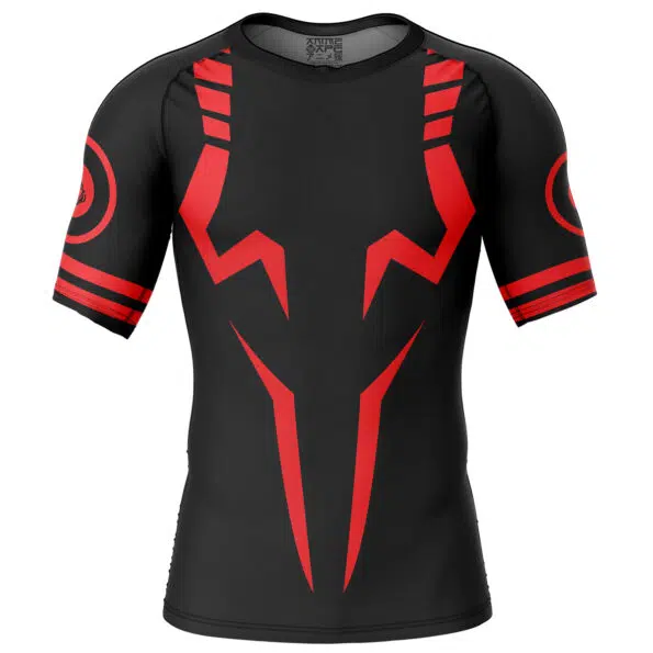 The Sukuna Jujutsu Kaisen Short Sleeve Rash Guard Compression Shirt is a fitted black athletic tee featuring bold red angular graphics and futuristic circular details on the front and sleeves.