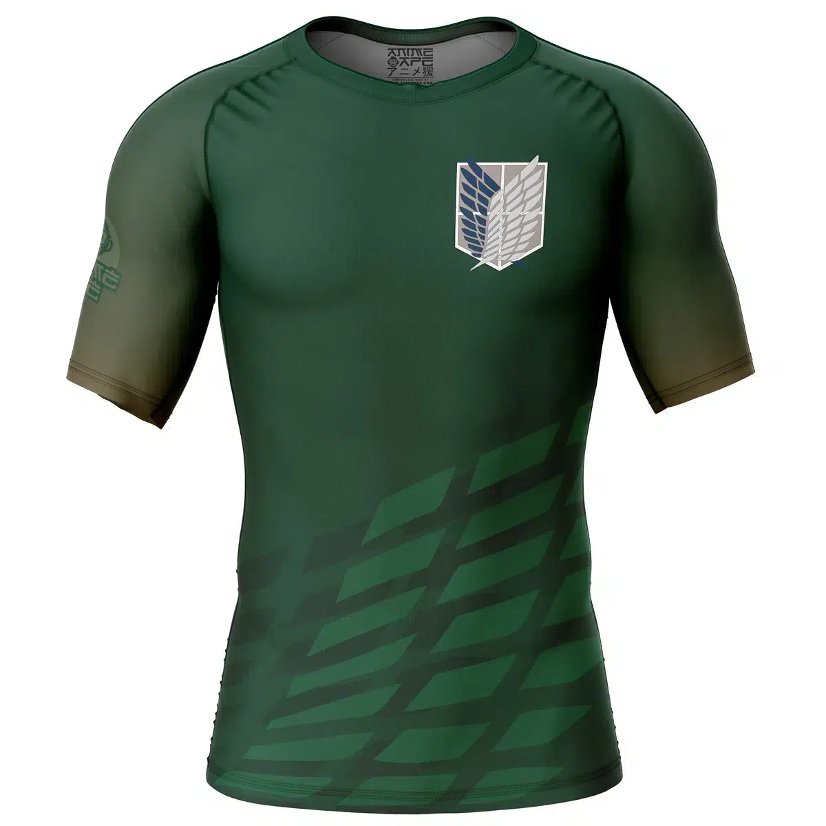 The Survey Corps Attack On Titan Short Sleeve Rash Guard Compression Shirt features a green design with short sleeves, overlapping wings emblem on the chest, diagonal lower stripes, and gradient detail on the collar and sleeves.