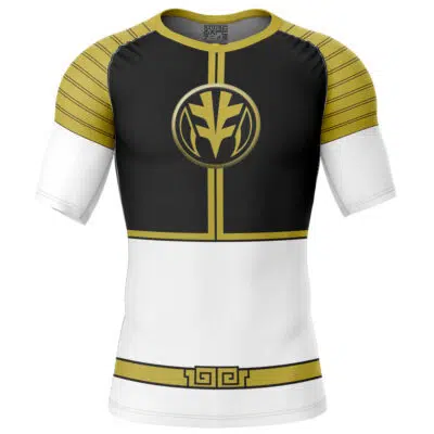 The White Ranger Mighty Morphin Power Rangers Short Sleeve Rash Guard Compression Shirt features black, white, and gold designs inspired by the White Ranger with a helmet emblem on the chest and gold accents on shoulders and waist.