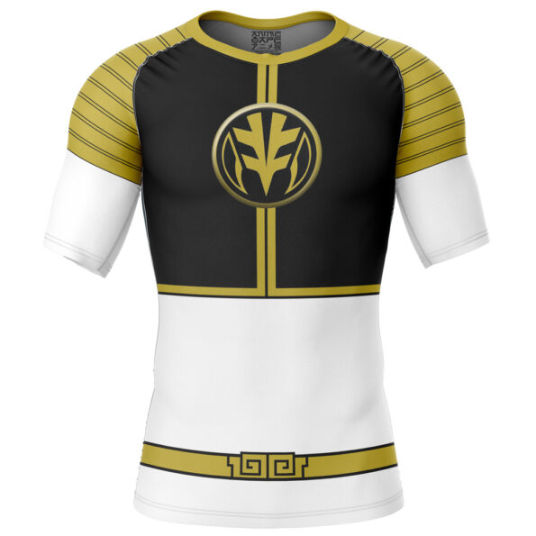 The White Ranger Mighty Morphin Power Rangers Short Sleeve Rash Guard Compression Shirt features black, white, and gold designs inspired by the White Ranger with a helmet emblem on the chest and gold accents on shoulders and waist.