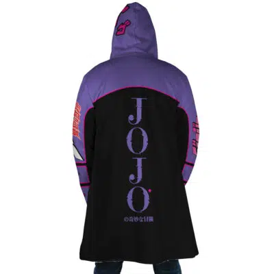 Someone wearing the Yare Yare Daze Jojo's Bizarre Adventure Dream Cloak Coat, a hooded coat in purple and black with "JOJO" in large letters and Japanese text on the back. The sleeves feature pink and red graphics. The person is facing away.
