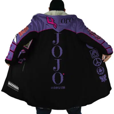 A person stands with their back to the camera, wearing the Yare Yare Daze Jojo's Bizarre Adventure Dream Cloak Coat—a long black and purple garment with bold JOJO text and anime-inspired symbols.