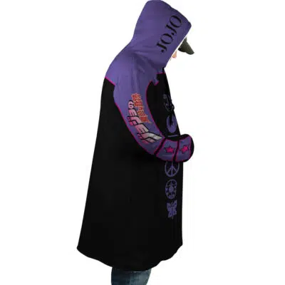 A person in profile wears the Yare Yare Daze Jojo's Bizarre Adventure Dream Cloak Coat, featuring a black and purple hood with "JOJO" text and vibrant anime-style designs on the sleeve and side.