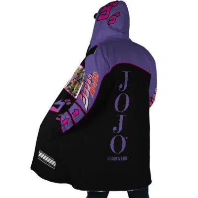 Someone is wearing the Yare Yare Daze Jojo's Bizarre Adventure Dream Cloak Coat, a black and purple hooded jacket featuring JOJO with Japanese text on the back and anime-inspired artwork on the sleeves and shoulders.