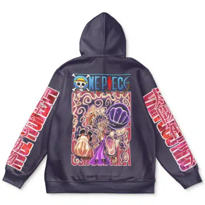 The Gear 5th Luffy One Piece Streetwear Hoodie is a black hoodie with a vibrant back logo, colorful anime art of Luffy with large fists and swirling energy, plus bold red Japanese text on both sleeves.
