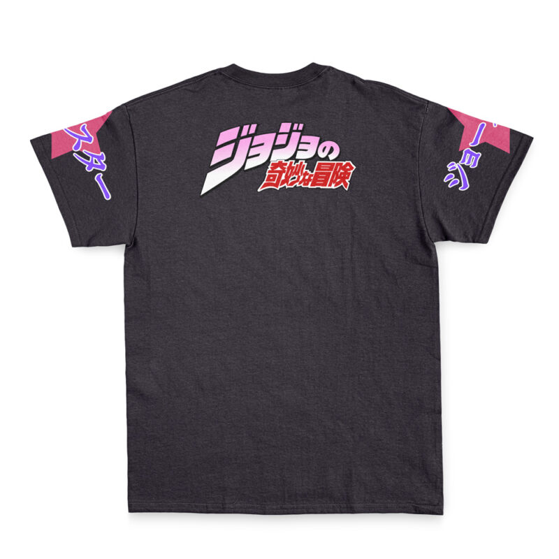 The Jotaro Kujo Jojo's Bizarre Adventure Streetwear T-Shirt is a black tee with stylized Japanese text in pink, white, and red on the back, plus additional pink and purple Japanese characters on both sleeves.