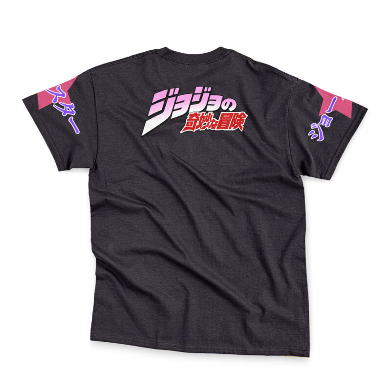 The Jotaro Kujo Jojo's Bizarre Adventure Streetwear T-Shirt is a black short-sleeve tee with pink and white Japanese text on the back and sleeves, inspired by the iconic manga.