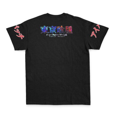 The Kaneki Ken Tokyo Ghoul Streetwear T-Shirt is black with a colorful “Tokyo Ghoul” logo and Japanese text on the back, plus red Japanese characters on both sleeves. Shirt shown flat, back side facing up.