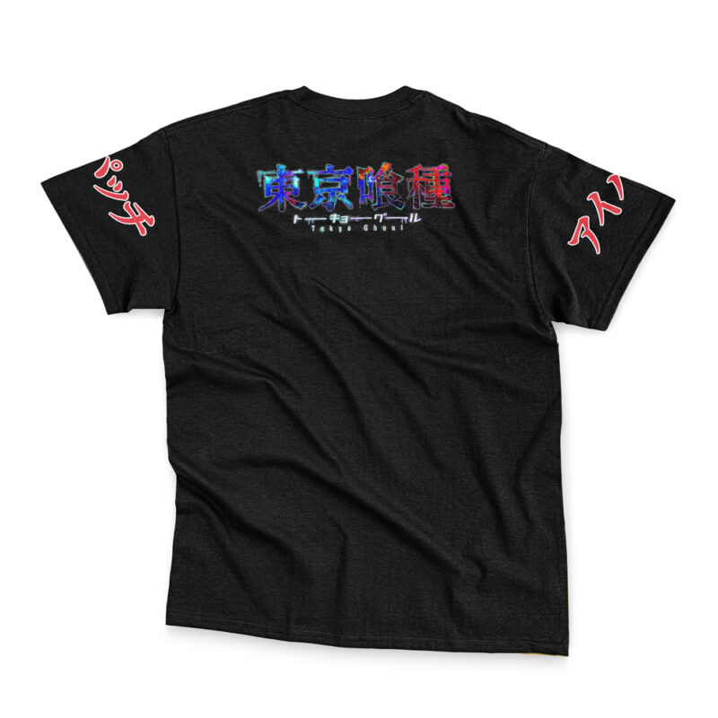 The Kaneki Ken Tokyo Ghoul Streetwear T-Shirt is a black tee featuring colorful Japanese text and "Tokyo Ghoul" on the back, with red Japanese characters printed on both sleeves.
