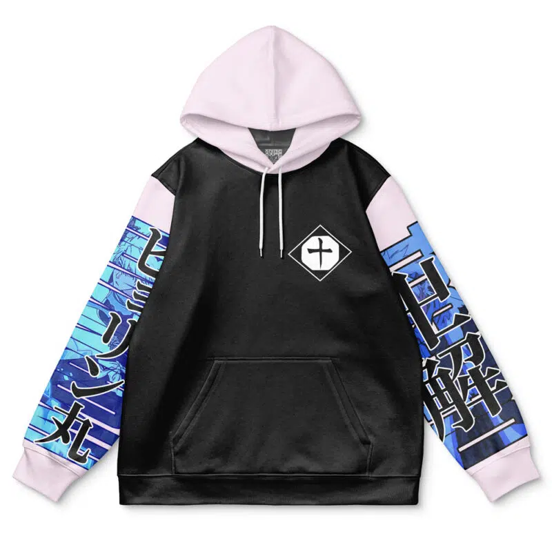 The Toshiro Hitsugaya TYBWA Bleach Streetwear Hoodie features a black body, light pink hood and shoulders, blue sleeves with Japanese text and graphic prints, a front kangaroo pocket, and a white cross emblem on the left chest.