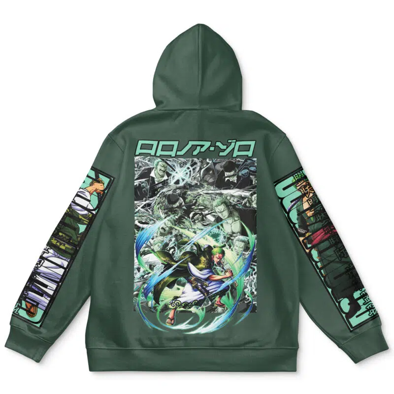The Roronoa Zoro One Piece Streetwear Hoodie features a dark green hood, vibrant anime-style artwork of dynamic characters on the back, and colorful comic-style panels with Japanese text down both sleeves for an energetic look.