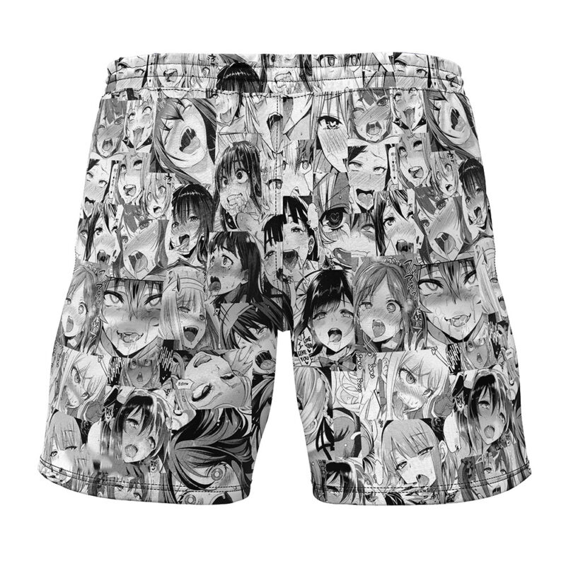 The Manga Ahegao Gym Shorts feature a collage of black-and-white anime character faces, each with exaggerated and expressive emotions.