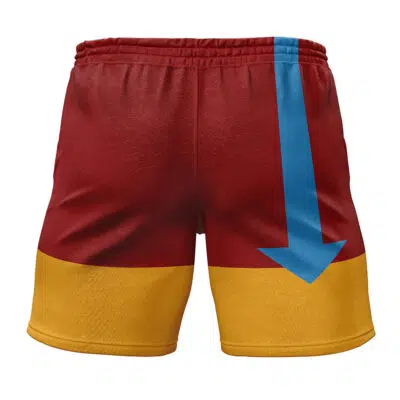 The Airbenders Avatar Gym Shorts are red and yellow athletic shorts with an elastic waistband and a large blue downward arrow on the right side pointing to the bottom hem.