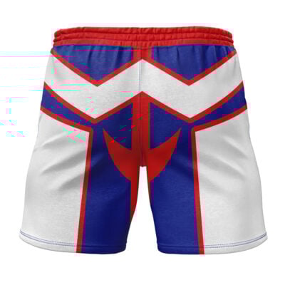 All Might My Hero Academia Gym Shorts feature a bold red, white, and blue geometric design with angular lines on the back, evoking a superhero costume style.