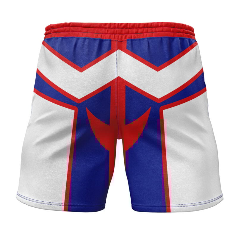 All Might My Hero Academia Gym Shorts feature a bold red, white, and blue geometric design with angular lines on the back, evoking a superhero costume style.