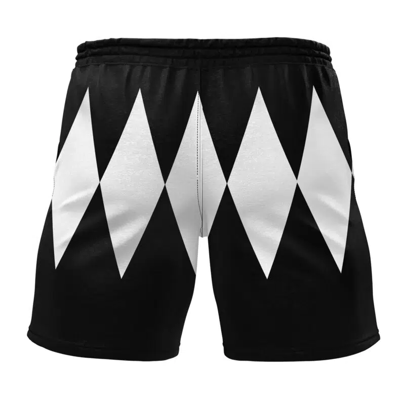 Black Ranger Mighty Morphin Power Rangers Gym Shorts with bold, white, vertical diamond pattern on the back and an elastic waistband for comfort. Geometric design stands out for a dynamic look.