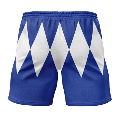 Blue Ranger Mighty Morphin Power Rangers Gym Shorts featuring a pattern of large white diamonds across the front.