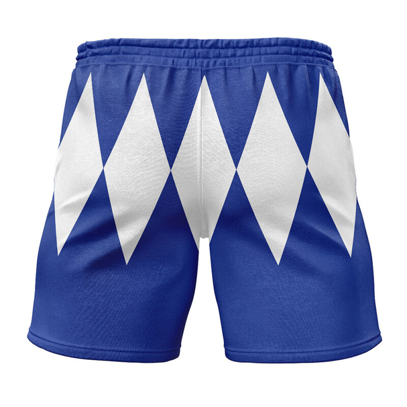 Blue Ranger Mighty Morphin Power Rangers Gym Shorts featuring a pattern of large white diamonds across the front.
