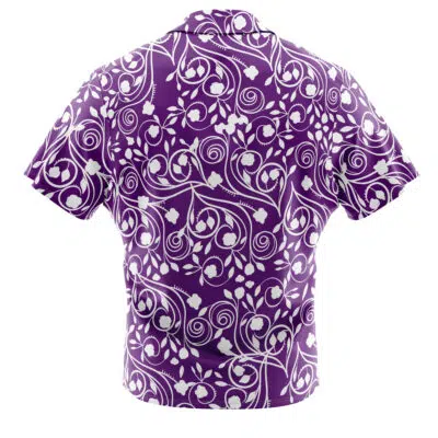 The Biscuit Oliva Baki Button Up Hawaiian Shirt features short sleeves and a purple background with a detailed white floral and vine pattern, shown from the back.
