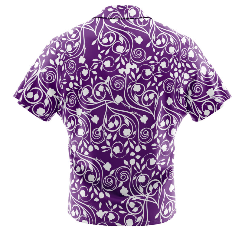 The Biscuit Oliva Baki Button Up Hawaiian Shirt features short sleeves and a purple background with a detailed white floral and vine pattern, shown from the back.