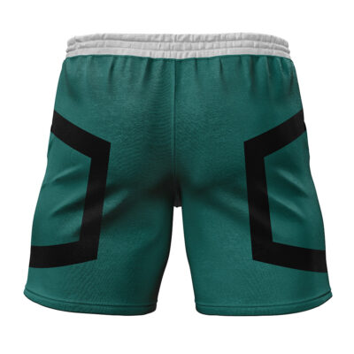 Deku My Hero Academia Gym Shorts with a white elastic waistband, shown from the back. These green shorts feature bold black geometric shapes on both sides for a dynamic, modern look.