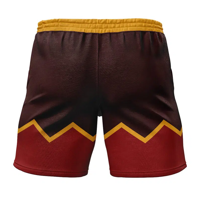 Back view of Firebenders Avatar Gym Shorts with a maroon upper, red lower half, yellow zigzag divider, and yellow waistband.