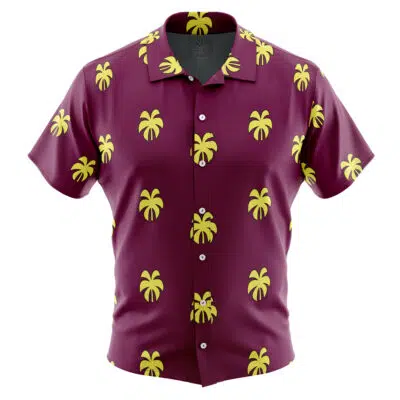 The Franky Pattern One Piece Button Up Hawaiian Shirt features short sleeves and a maroon base with evenly spaced yellow palm trees, shown on a featureless mannequin.