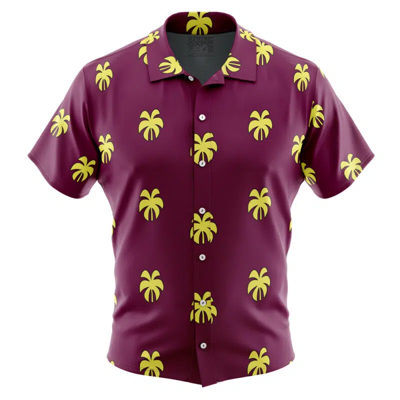 The Franky Pattern One Piece Button Up Hawaiian Shirt features short sleeves and a maroon base with evenly spaced yellow palm trees, shown on a featureless mannequin.