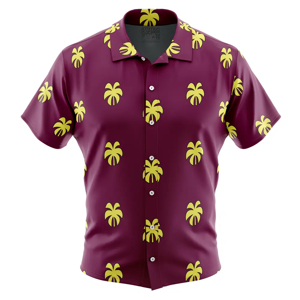 The Franky Pattern One Piece Button Up Hawaiian Shirt features short sleeves and a maroon base with evenly spaced yellow palm trees, shown on a featureless mannequin.