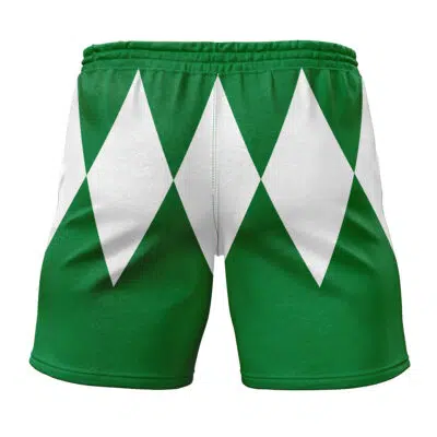 Green Ranger Mighty Morphin Power Rangers Gym Shorts feature large white diamonds in a row across the back, an elastic waistband, and a smooth, fitted look.