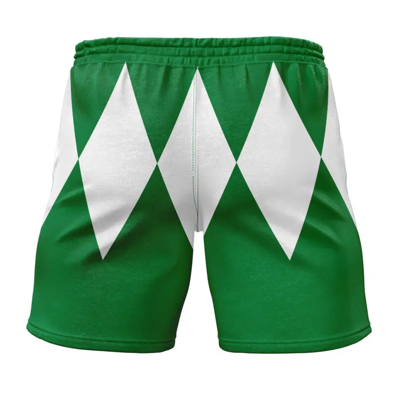 Green Ranger Mighty Morphin Power Rangers Gym Shorts feature large white diamonds in a row across the back, an elastic waistband, and a smooth, fitted look.