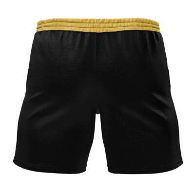 Black Bulls Black Clover Gym Shorts, featuring a yellow elastic waistband, are displayed from the back on a white background.