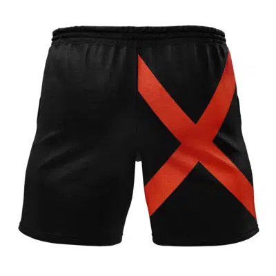Bakugo My Hero Academia Gym Shorts in black with a bold red X design on the back, featuring a smooth, slightly shiny material and an elastic waistband.